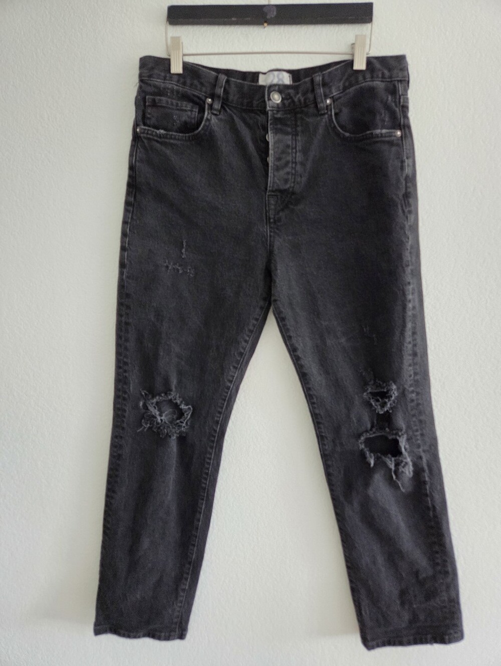 We The Free Black Denim Size 28 Distressed Jeans Button Fly Straight Leg